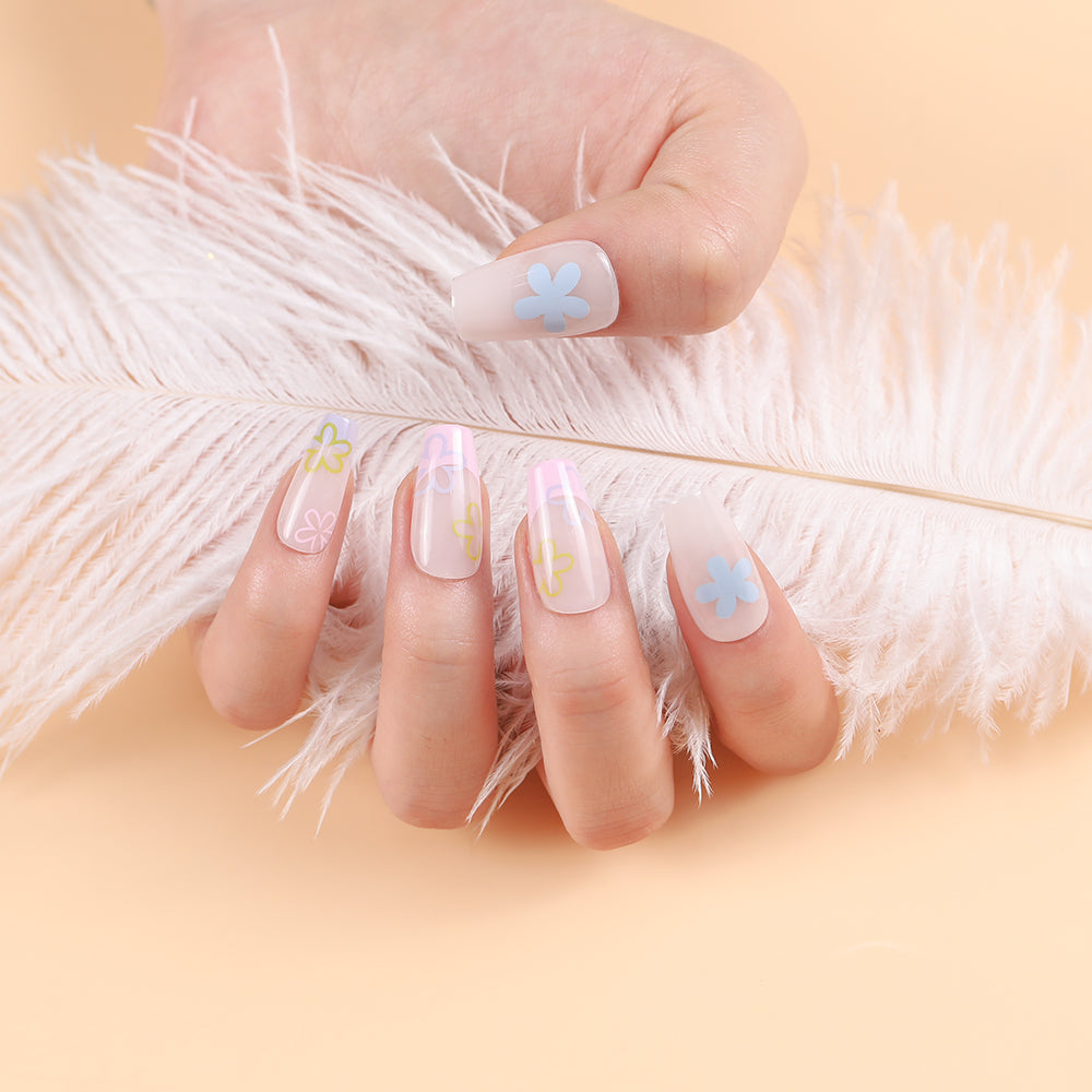 Lick Nail Glossy Finish Floral Colours Ballerina Shape Press On Nails Pack Of 30 Pcs