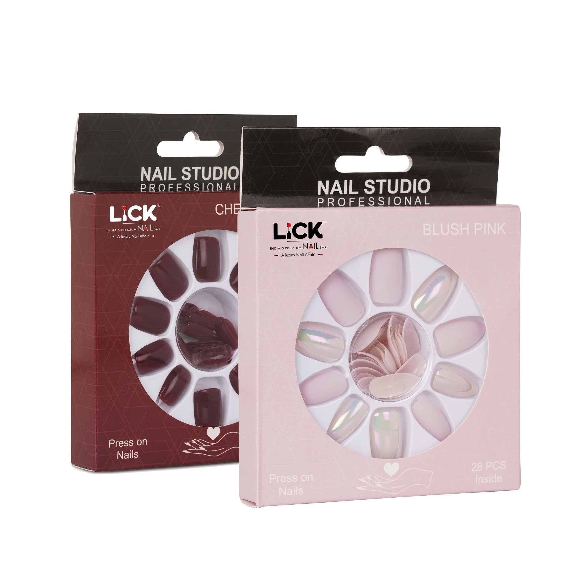 Lick Nails Blush Pink & Cherrywood Press on Nails With Quick Dry Nail Glue, Combo of 2 (28, 24)