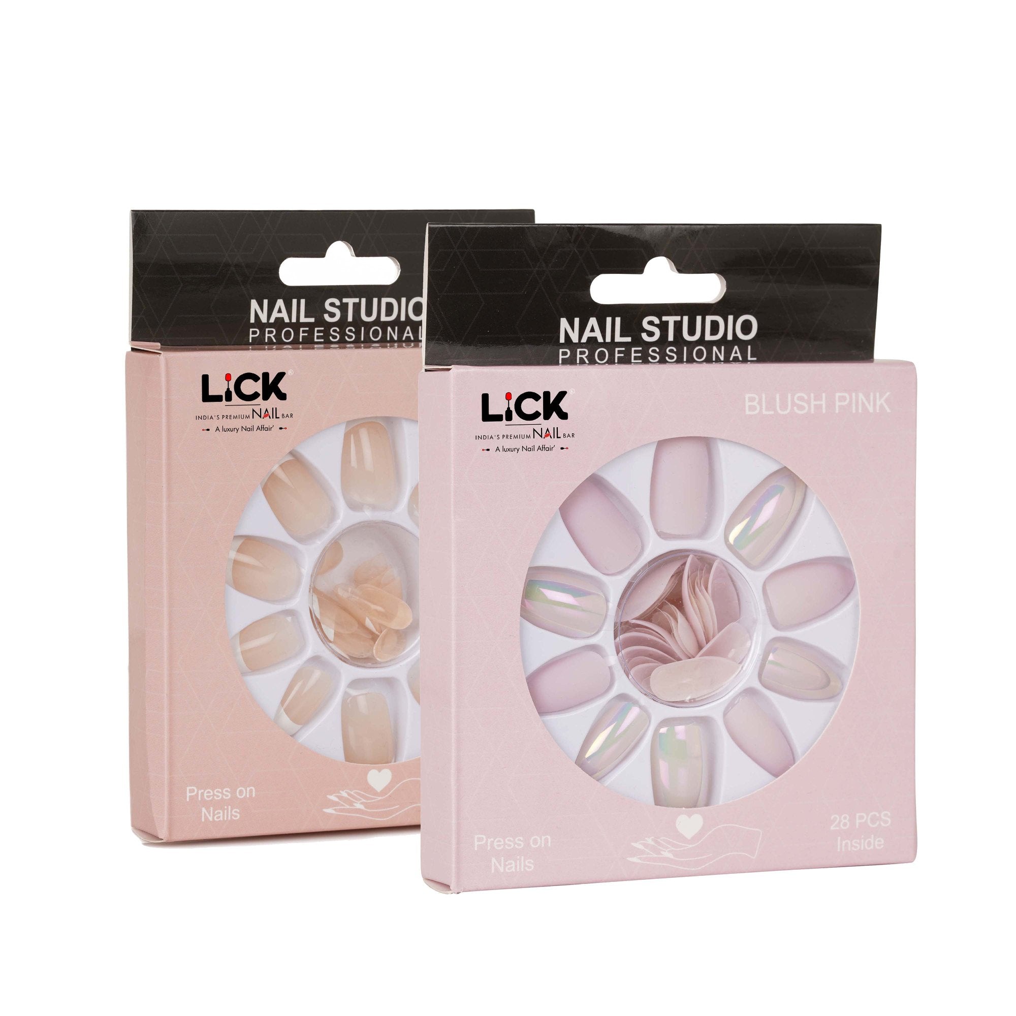Lick Nails Blush Pink & Ivory Press on Nails With Quick Dry Nail Glue, Combo of 2 (28, 24 Pcs Per Pack)