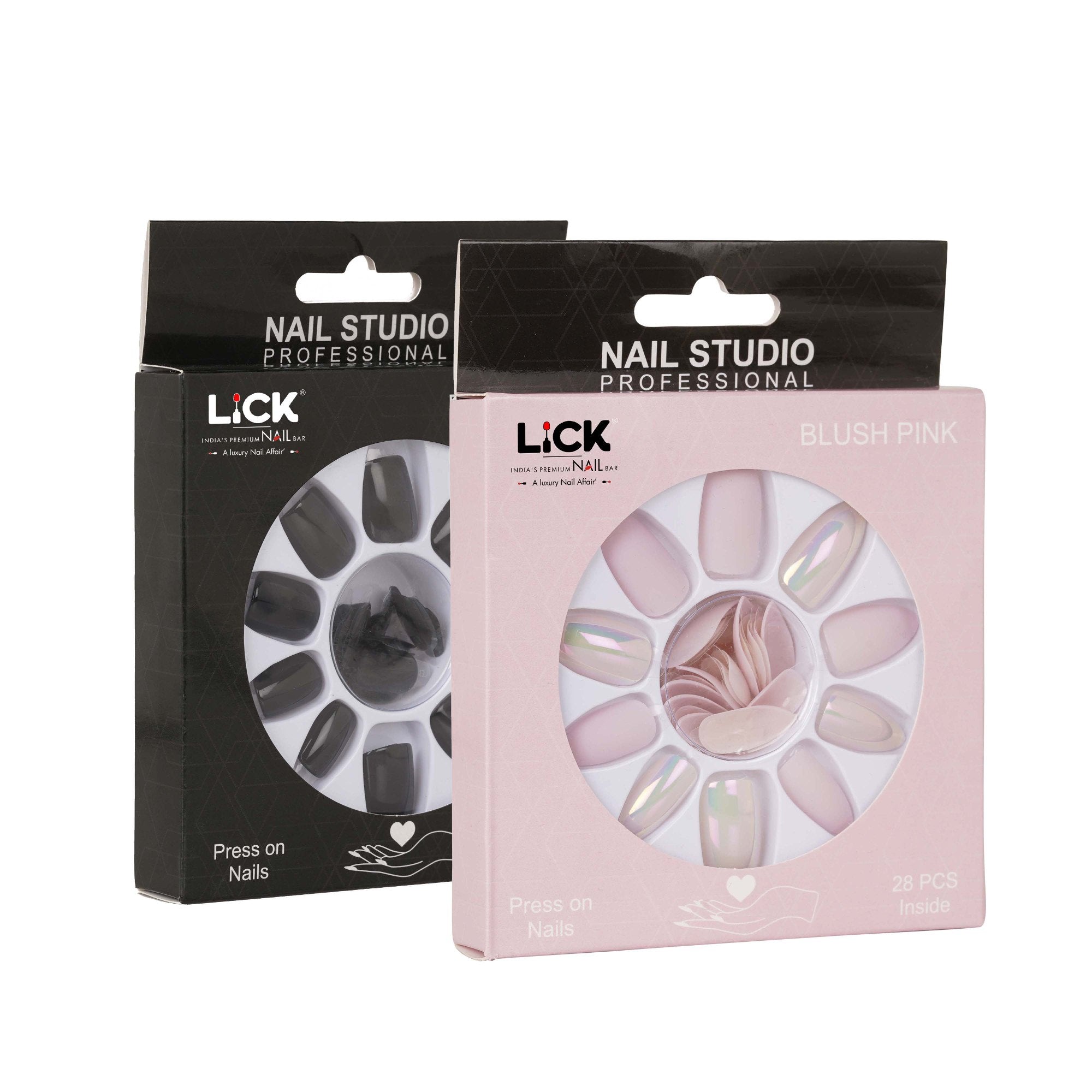 Lick Nails Blush Pink & Rich Black Acrylic Press on Nails With Quick Dry Nail Glue, Combo of 2 (24, 28 Pcs Per Pack)
