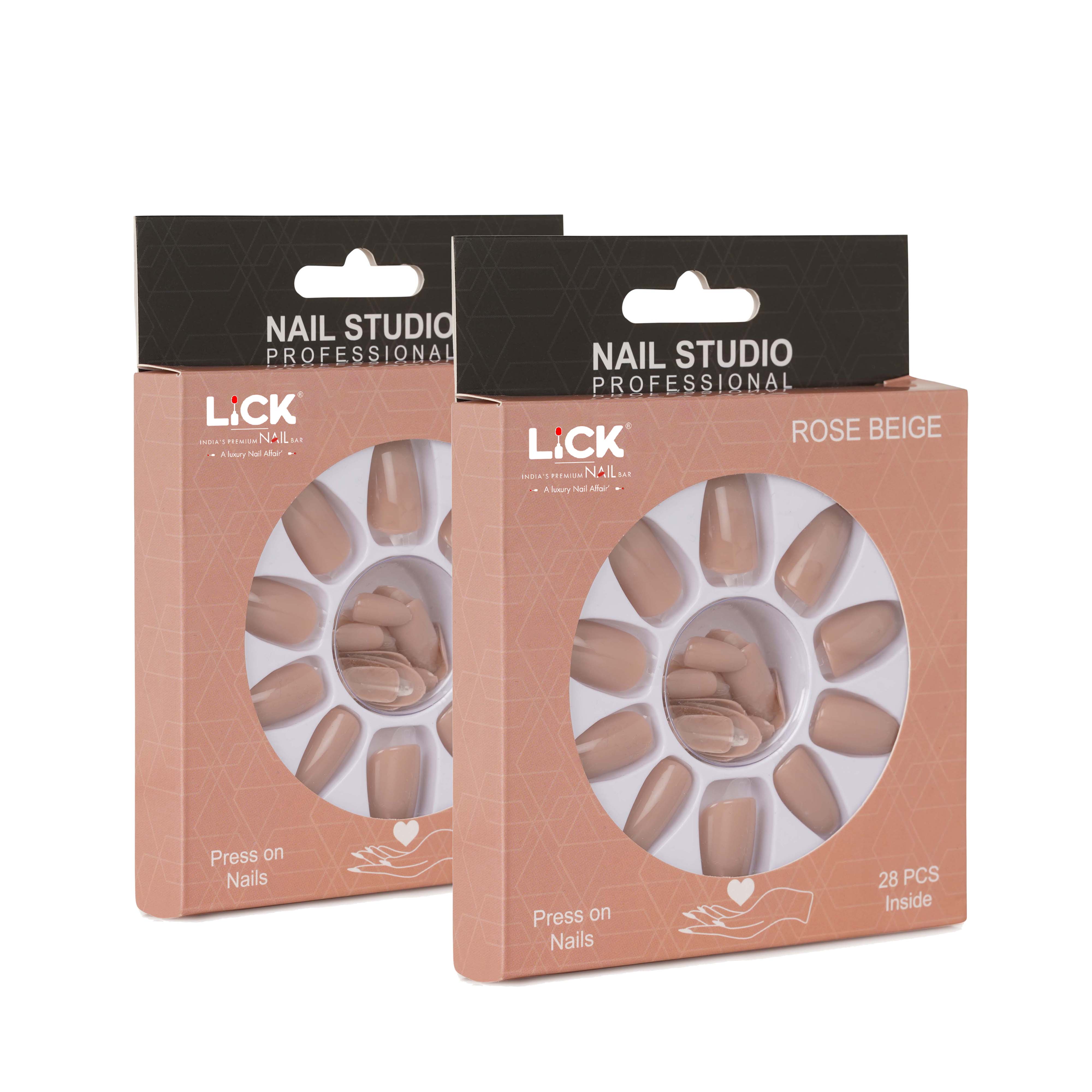 Lick Nails Rose Beige Acrylic Reusable Press on Nails With Application Kit, Combo of 2, 28 Pcs Per Pack