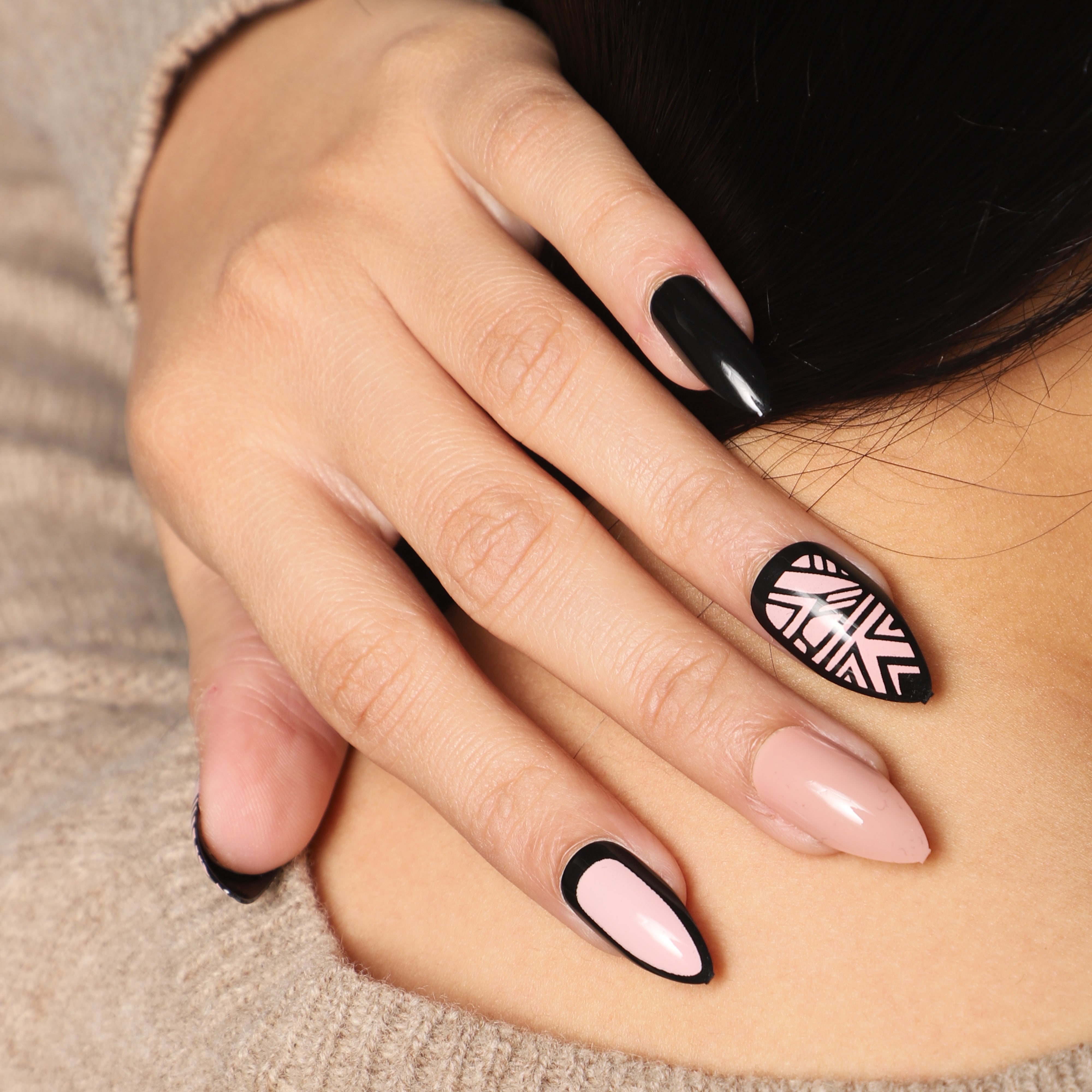 Lick Nails 28 Pcs Classic Nude With 6 Jet Black and 6 French Print Oval Press on Nails